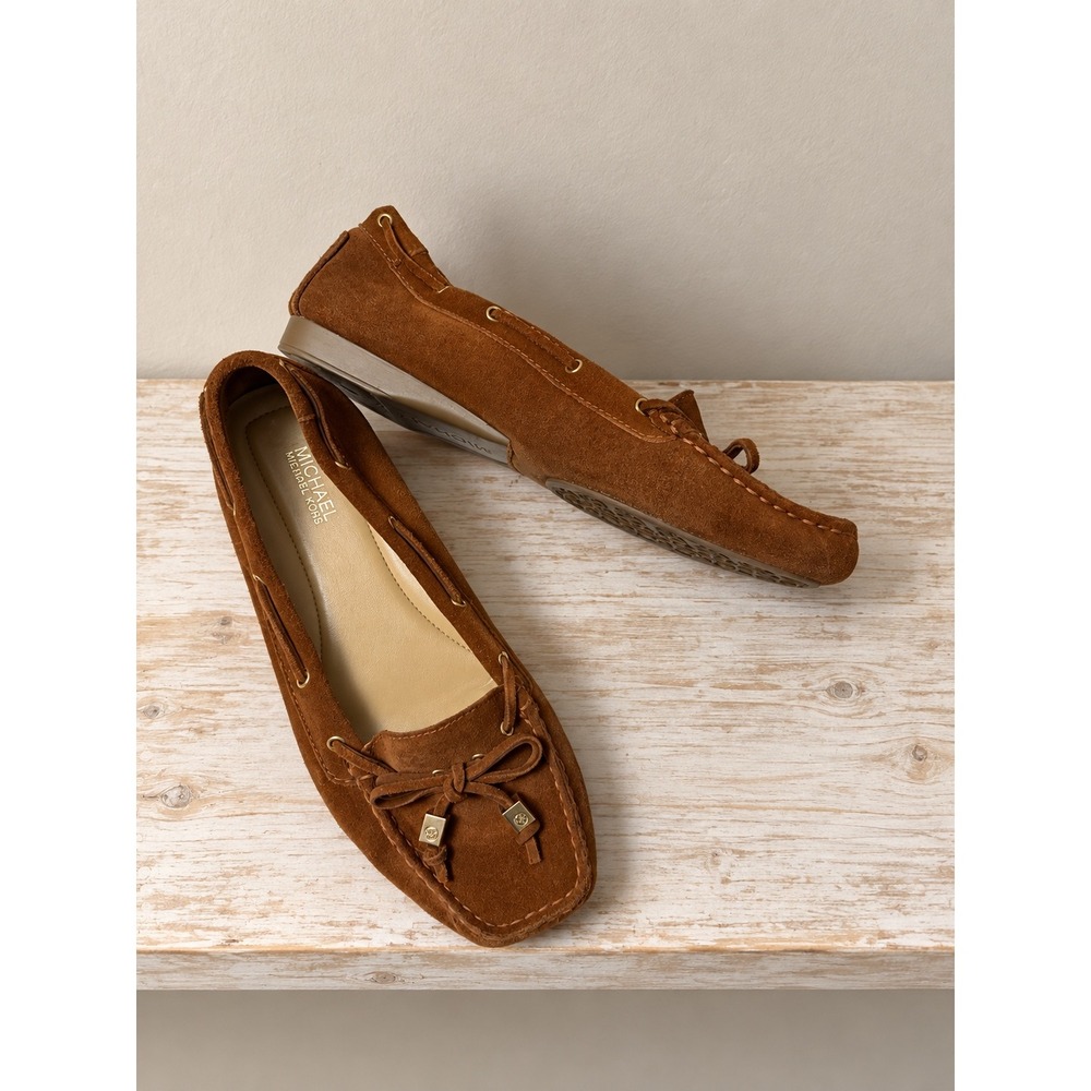 Michael Kors Lillie Moccasin Flats Suede Bow Cognac Brown Size 7